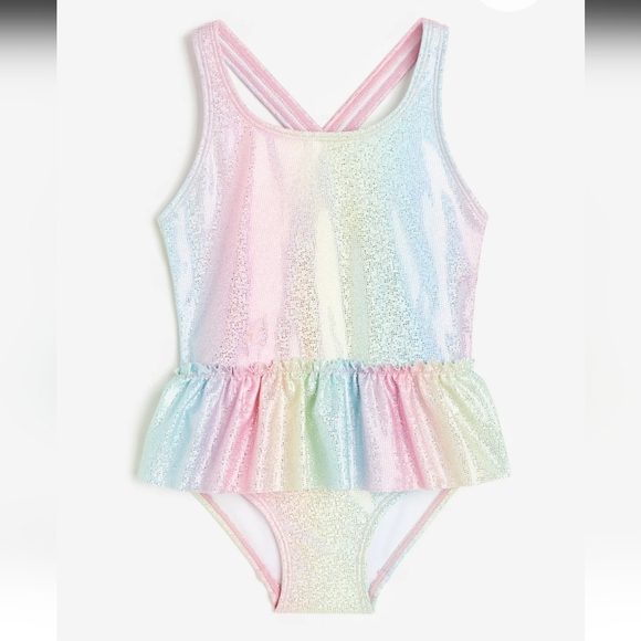 H & M Flounce-trimmed Swimsuit in Shimmer Light pink/ombre Rainbow size 8/10 - Picture 3 of 13